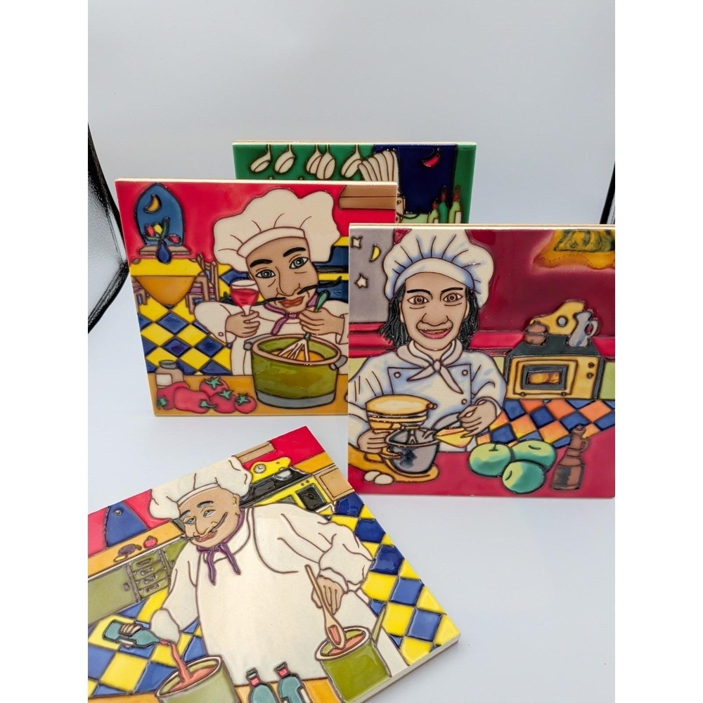 Vintage Italian Tile Chef 8 x 8 Ceramic Wall Tiles / Trivets w/Stand Set of 4 - Picture 11 of 12